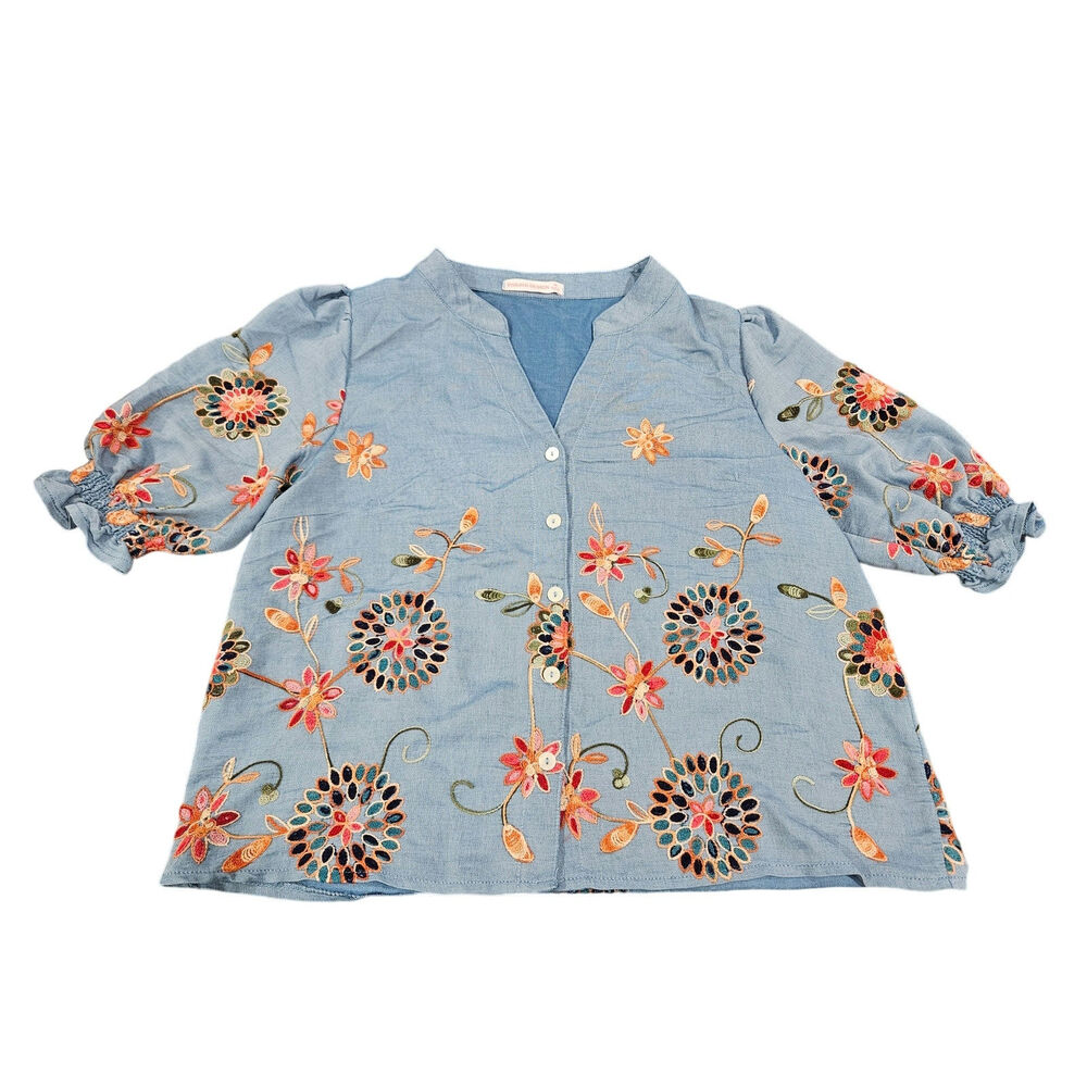 Parami Design Floral Embroidered Boho Peasant Blouse Blue Womens Medium